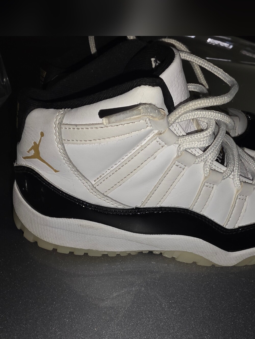 Used Boys Jordan Size 3 White, Black & Gold Retro High-Top Sneakers No Box